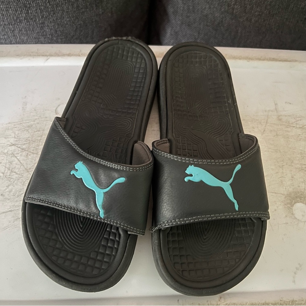 Puma Black Slides with Aqua Logo